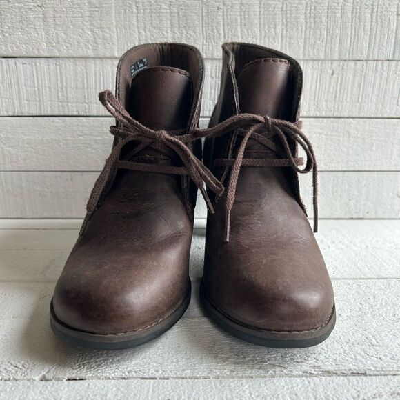 INDIGO by Clarks Brown Leather Block Heels Lace Up Ankle Booties 7M - Picture 4 of 11